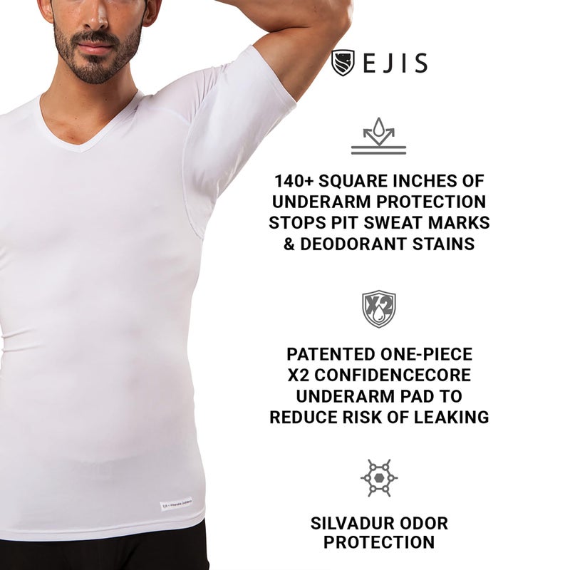 Ejis Men's Sweat Proof Undershirt, V Neck, Anti-Odor Silver, Micro Modal, Sweat Pads (Medium, White) - Image 2